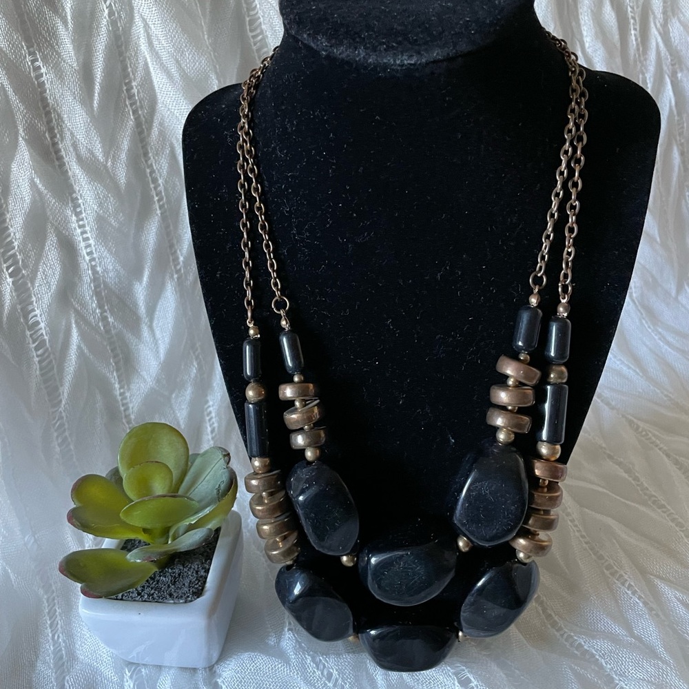 Double strands vintage necklace with chunky black acrylic bead, lobster clasp